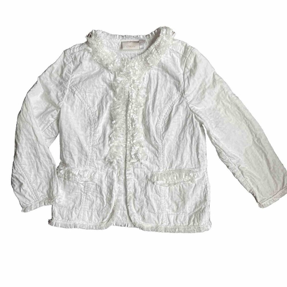 CHICOS Womens Jacket Quilted Fringe Pockets Light Linen Spring Boho Casual Small